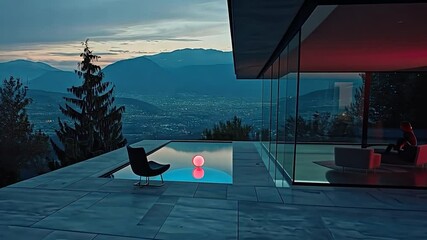 Poster - Modern house with pool and mountain view at twilight.