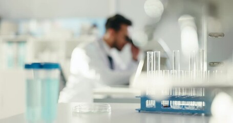 Aufkleber - Glass vials, chemical and scientist with microscope in laboratory for pharmaceutical innovation. Test tubes, blurred and male biologist with DNA study for medical research, project or discovery.