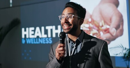 Poster - Speaker, conference and man with microphone on stage for health and wellness by screen. Male presenter, convention or seminar for training or education, healthcare and medical innovation at event