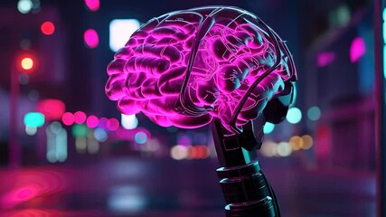 Poster - Futuristic robot head with glowing brain in a city at night.