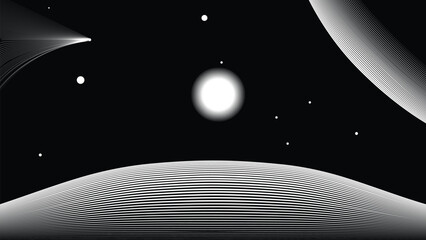 Wall Mural - Star and moon in outer space. Futuristic landscape, with lines texture . Space landscape with moon and sun . Deep space vector illustration. Vector line art. Star explosion .
