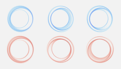 Leinwandbilder - Set of gradient rotating rings with dynamic lines in blue and red tones on white background.
