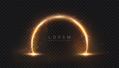 Fototapete - Bright round magic portal arch with golden glow and sparkle effects on transparent dark background. Vector PNG