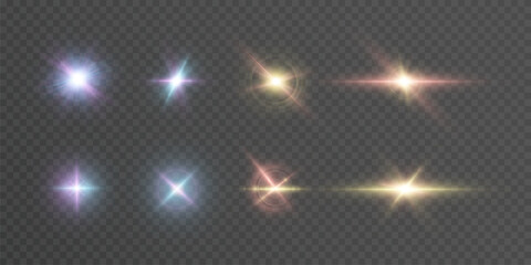 Aufkleber - A set of sparkling light lens flares and bright stars on a transparent background. Suitable for lens flares, glow effects and magical overlays.