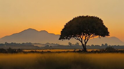 Poster - Sunrise over a field with a lone tree and mountains