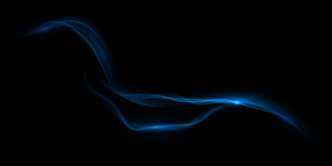 Poster - Dynamic blue light trail in a fluid abstract shape on a black background with soft glow and fine lines.