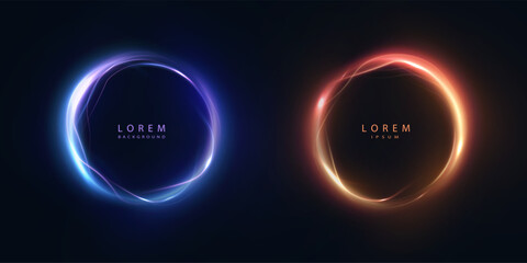 Aufkleber - Glowing abstract rings in blue and orange on a dark background with soft glow. Light circles for digital design, interfaces and visual effects.