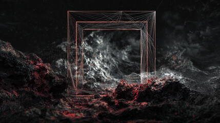 Poster - Abstract landscape with neon square frame and dark rocky terrain under a cloudy sky at night
