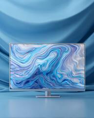 Poster - A monitor displaying a blue and white abstract design against a draped blue fabric backdrop setting