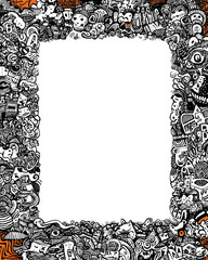 Poster - A frame filled with black and white doodle art featuring various characters and abstract shapes around it