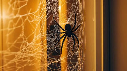 A dark spider clings to intricate cobwebs in warm light.