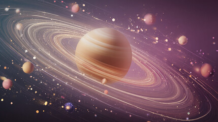 Poster - A digital rendering of a planet with rings surrounded by other planets and stardust in space