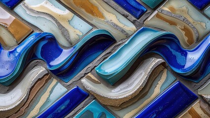 Close-up of a vibrant and colorful mosaic wall pattern featuring wavy glass elements.