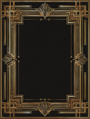 Poster - A black background with a golden art deco frame featuring geometric designs and radiating fan shapes