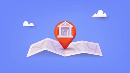 Poster - Location folded map and pin with bank icon. 3D Web animation.