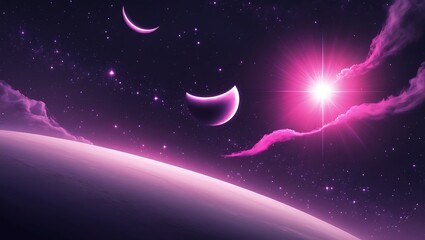 Poster - Beautiful space scene with glowing star moons planets and starry night sky