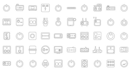Assorted Electronic Device Icons Power Buttons Displays and Controls in Outline Style