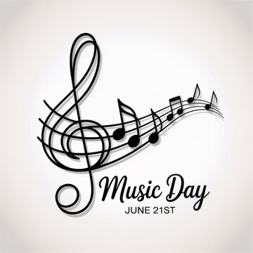 World Music Day in  June 21  simple vector  with treble clef sign and musical notes. One continuous line drawing with text Music Day. vector illustration on white background.
