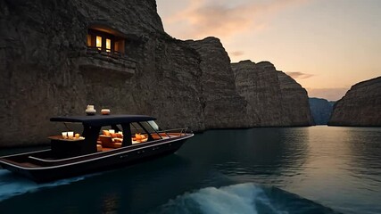 Poster - Cliffside dwelling overlooking a river in a canyon at dusk.