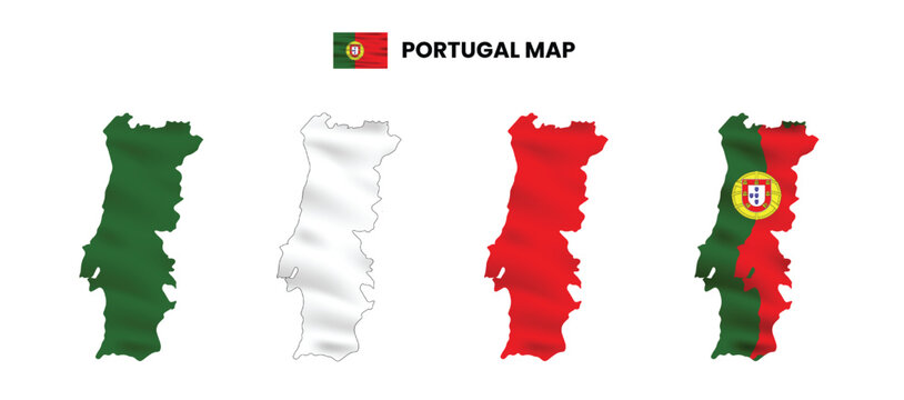 Portugal map in various style frames, icons, black color, borders, flag colors. Vector illustration