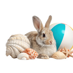 adorable brown bunny rabbit relaxing on seashells near beach ball summer vacation cute animal photog