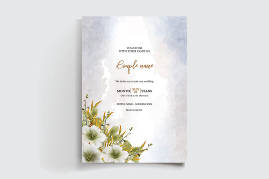 WEDDING INVITATION FRAME WITH FLOWER DECORATIONS AND FRESH LEAVES