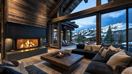 Poster - Modern mountain lodge living room with fireplace and panoramic view