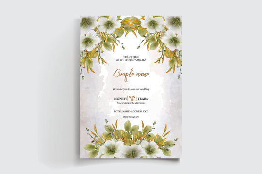 WEDDING INVITATION FRAME WITH FLOWER DECORATIONS AND FRESH LEAVES