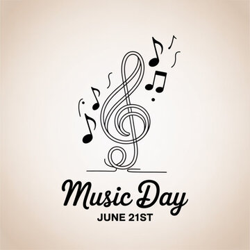 World Music Day in  June 21  simple vector  with treble clef sign and musical notes. One continuous line drawing with text Music Day. vector illustration on white background.
