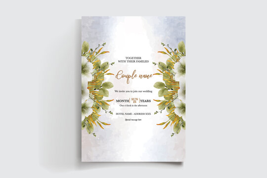 WEDDING INVITATION FRAME WITH FLOWER DECORATIONS AND FRESH LEAVES