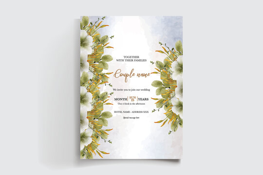 WEDDING INVITATION FRAME WITH FLOWER DECORATIONS AND FRESH LEAVES