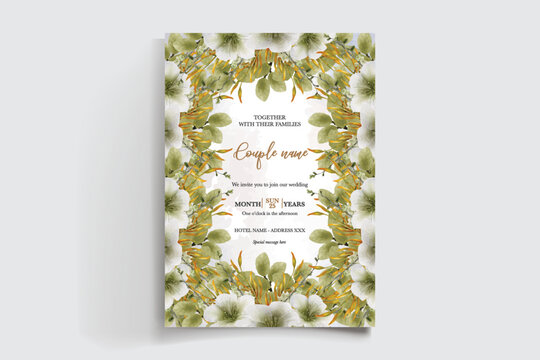 WEDDING INVITATION FRAME WITH FLOWER DECORATIONS AND FRESH LEAVES
