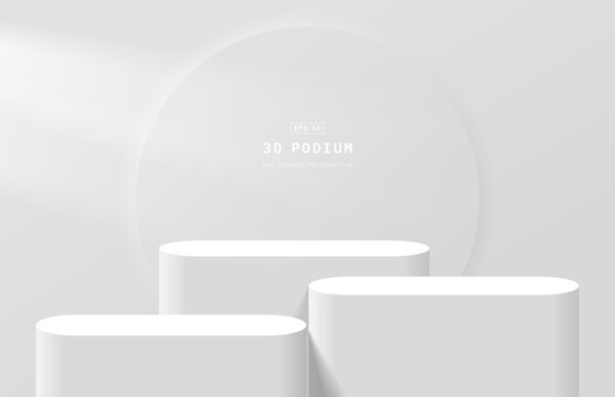 Realistic white 3D round podium with circle background and light shining from left side. Podium scene for product mockup. Vector geometric platform. Minimal wall scene for mockup. 3d vector rendering.