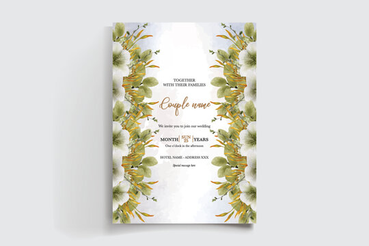 WEDDING INVITATION FRAME WITH FLOWER DECORATIONS AND FRESH LEAVES