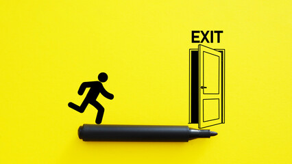 Poster - Exit strategy and planning are shown with businessman running to the open door