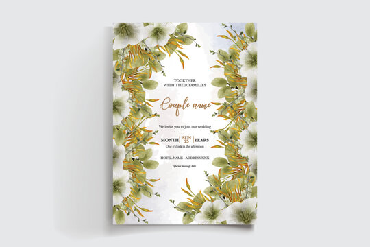 WEDDING INVITATION FRAME WITH FLOWER DECORATIONS AND FRESH LEAVES