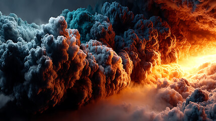 Poster - Dramatic abstract cloudscape with teal to orange gradient dynamic sky visuals with intense energy and voluminous smoke effect perfect for backgrounds and creative designs