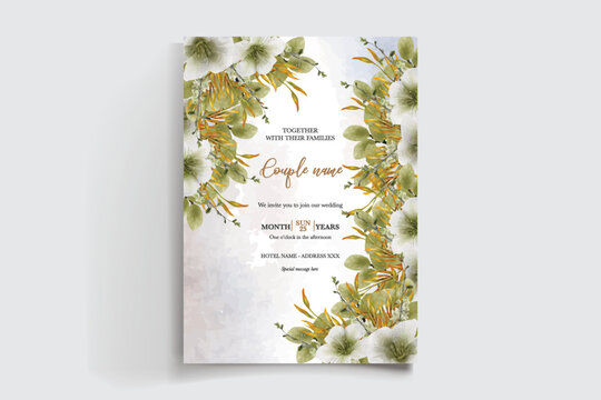 WEDDING INVITATION FRAME WITH FLOWER DECORATIONS AND FRESH LEAVES