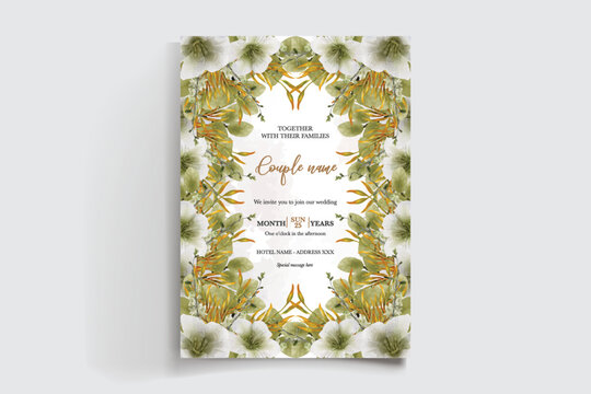 WEDDING INVITATION FRAME WITH FLOWER DECORATIONS AND FRESH LEAVES
