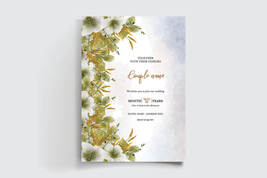 WEDDING INVITATION FRAME WITH FLOWER DECORATIONS AND FRESH LEAVES