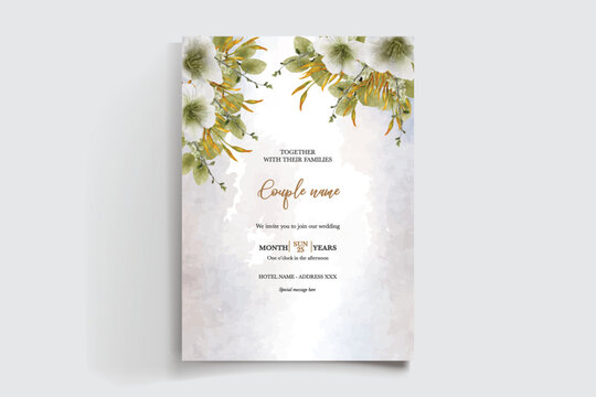WEDDING INVITATION FRAME WITH FLOWER DECORATIONS AND FRESH LEAVES