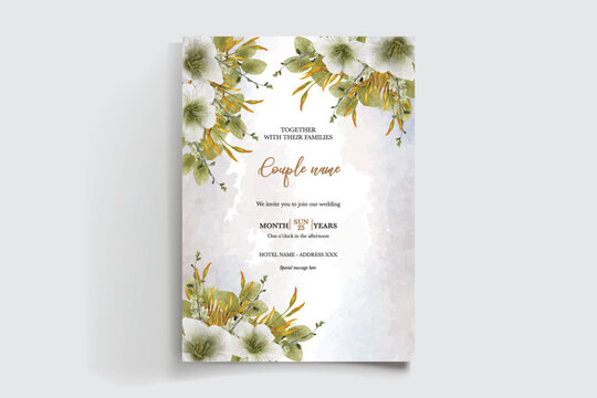 WEDDING INVITATION FRAME WITH FLOWER DECORATIONS AND FRESH LEAVES