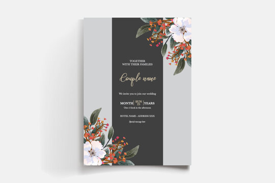 WEDDING INVITATION FRAME WITH FLOWER DECORATIONS AND FRESH LEAVES