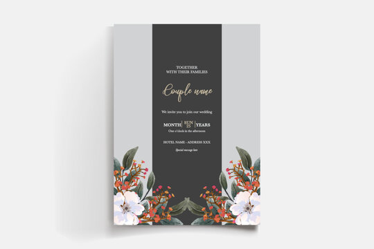 WEDDING INVITATION FRAME WITH FLOWER DECORATIONS AND FRESH LEAVES
