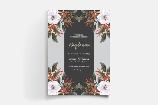 WEDDING INVITATION FRAME WITH FLOWER DECORATIONS AND FRESH LEAVES