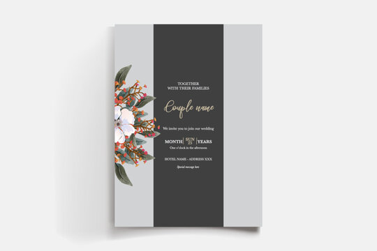 WEDDING INVITATION FRAME WITH FLOWER DECORATIONS AND FRESH LEAVES