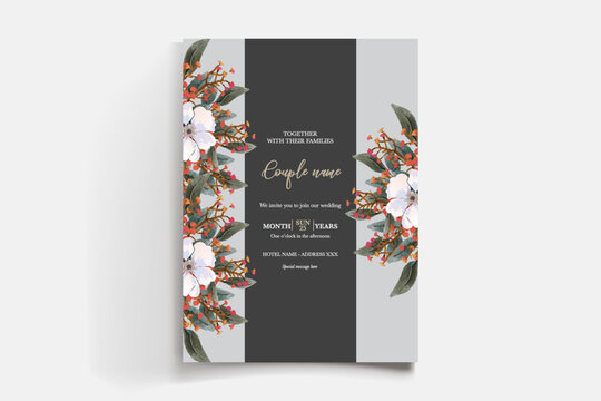 WEDDING INVITATION FRAME WITH FLOWER DECORATIONS AND FRESH LEAVES