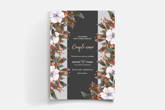 WEDDING INVITATION FRAME WITH FLOWER DECORATIONS AND FRESH LEAVES