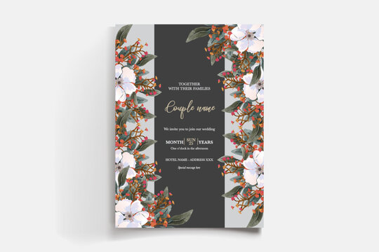 WEDDING INVITATION FRAME WITH FLOWER DECORATIONS AND FRESH LEAVES