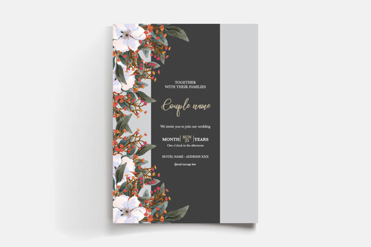 WEDDING INVITATION FRAME WITH FLOWER DECORATIONS AND FRESH LEAVES